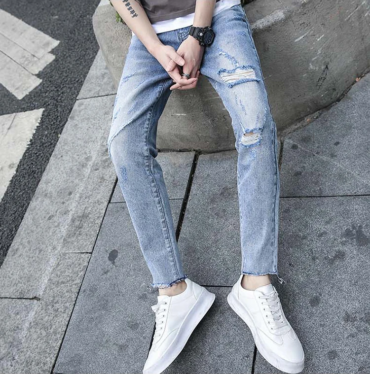 Fashion Pop Jeans Men Slim Hole Ankle Length Jeans Men Pop Cotton Summer Denim Cloth Pencil Pants Size 26-.36