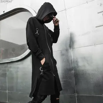 

Long Sleeve Hooded Shirt Coat Male Streetwear Hip Hop Punk Long Style Shirt Cardigan Jacket Outerwear Men Ribbon Thick Casual