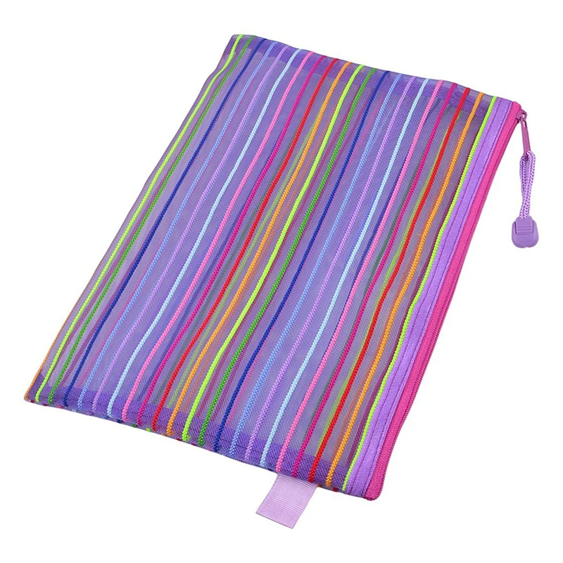 

Zipper nylon mesh purple stripe A5 documents, pen file pocket folder