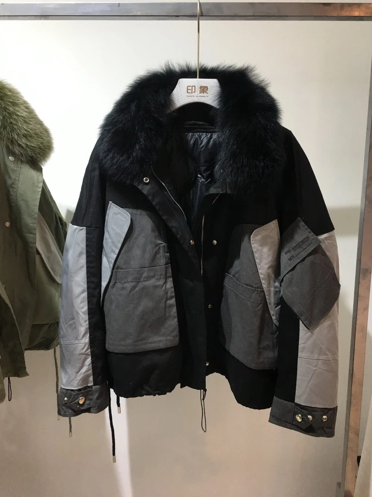 Большой натуральный Лисий Мех CollarWinter куртка Женская 90% белый утиный пух толстые сращивающиеся парки Soow теплые Съемные пальто с подкладкой - Цвет: Black