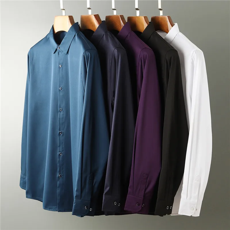 

Mens Long Sleeve Shirt Luxury Brand Silk Business Office Formal Vintage Men Dress Shirt Spring Fall Plus Size Male Shirt Chemise