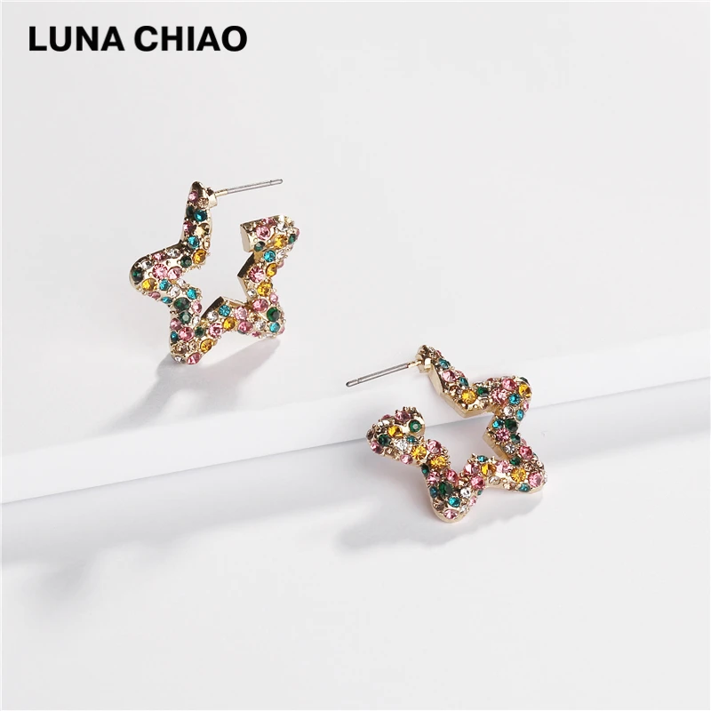 LUNA CHIAO, осенне-зимние цветные радужные серьги-кольца в форме звезды, женские серьги с кристаллами, стразы