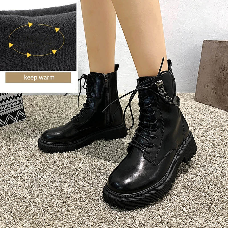 Botas marrones de punta redonda para mujer, zapatos con cordones y cremallera lateral, tacón bajo, decoración de cadena de hierro negra, Pu, gran oferta