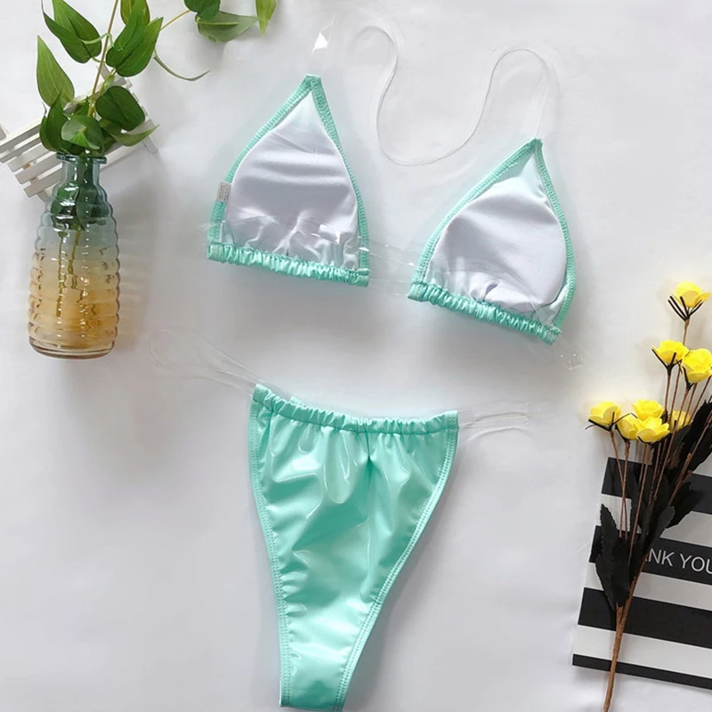 Peachtan Halter High cut swimwear women Transparent bathing suit Push up swimsuit female Brazilian bikini Neon biquini new