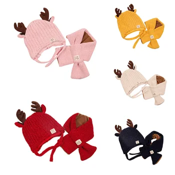 

Cute Baby Hat Winter Warmer Knitting Scarf Cartoon Ear Design Hat Infant Cotton Collar Scarves Neckerchiefs Headwear Set
