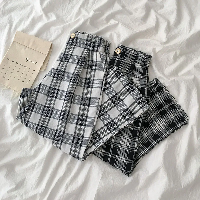 HOUZHOU Korean Style Wide Leg Pants Women Korean Wide Pants Summer Plaid Pants 2020 Fashion Women Checkered Palazzo Pants HOUZHOU Korean Style Wide Leg Pants Women Korean Wide Pants Summer Plaid Pants 2020 Fashion Women Checkered Palazzo Pants