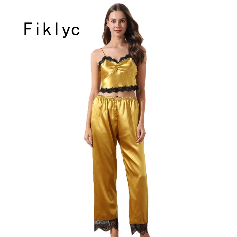 

Fiklyc underwear sleeveless pajamas sets with long pants autumn satin homewear lace sleepwear sets thin style V-neck suspenders