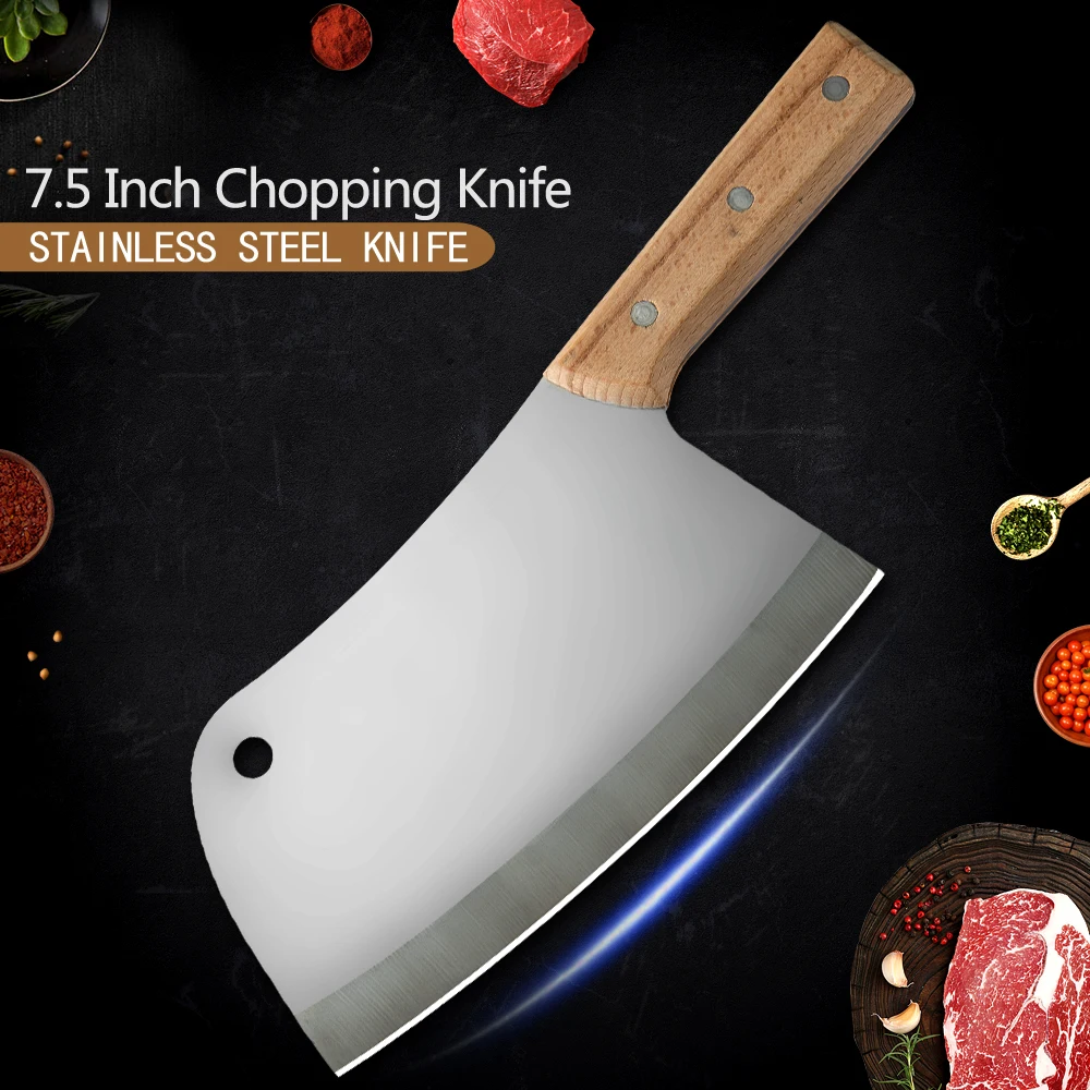 

MUZ Cleaver Stainless Steel Knife Kitchen Knives Tools Butcher Chopper 7.5 inch Meat Chopping Knife Full Tang Handle With Rivets