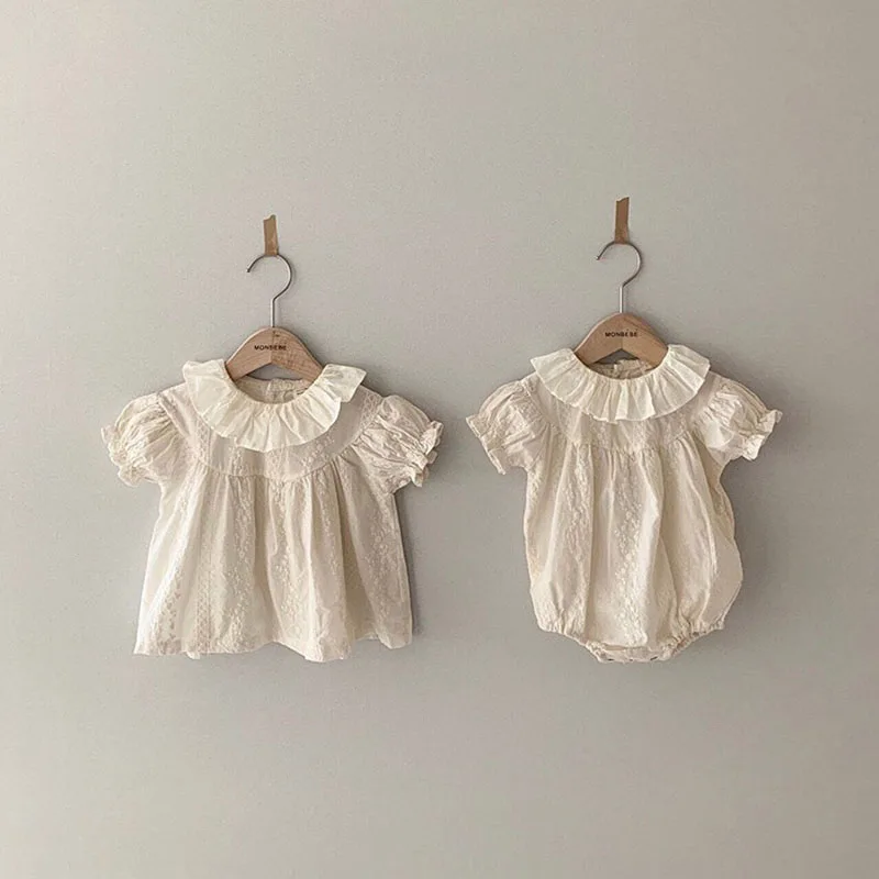 

Baby Shirt and Bodysuit Lace Collar Cotton Infant Tee Ruffle Sleeve Solid Toddle Jumpsuit