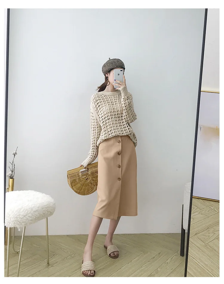 [LIVIVIO] Вязанный свитер с длинным рукавом и круглым вырезом и платье на бретелях, Женский комплект из двух предметов, Осенняя мода