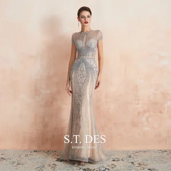 

2020 S.T.DES Luxury Champagne Jewel Illusion Full Crystal Sequins Short Sleeves Sheer Mermaid Sweep Train Long Evening Dress