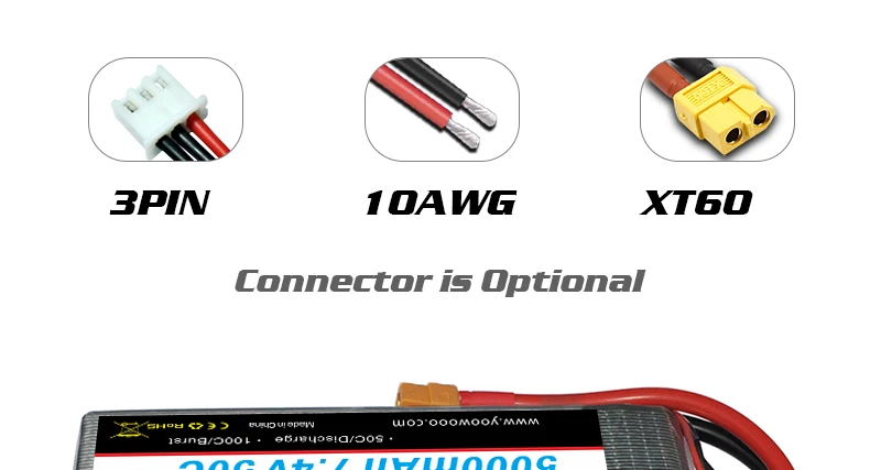 HRB 2S 7.4V 5000mah Lipo Battery, 3PIN 1OAWG XT6o Connector i5 Optional 