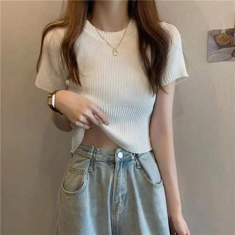 Summer Slim Thin Round Neck Solid Color Knitted Short-sleeved Pullover T-shirt Spring And Autumn New Fashion Bottoming Top
