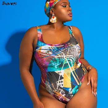 

bunvel Plus Size Monokini Push Up Africa Brazilian Swimwear Women One Piece Swimsuit Floral Print Bathing Suits Summer Beach 4XL