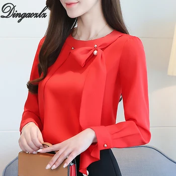 

Dingaozlz Spring New Red Chiffon shirt Elegant Bow tie Women blouse Tops Roupas feminina Fasihon OL shirt