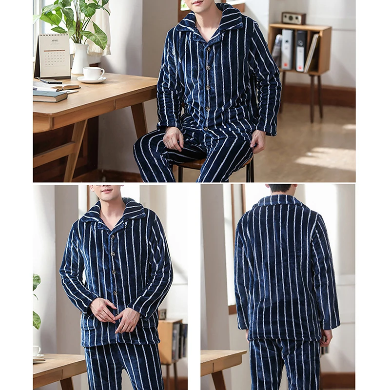 Man Quality Thick Warm Pajama Sets Men Flannel Long Sleeve Sleepwear Fashion Solid Color Homewear For Male silk pajama set