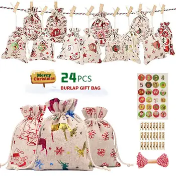 

24PCS Christmas Advent Calendar Countdown Bag Hanging Candy Gift Sacks with Clips Stickers Rope Home Christmas Decoration
