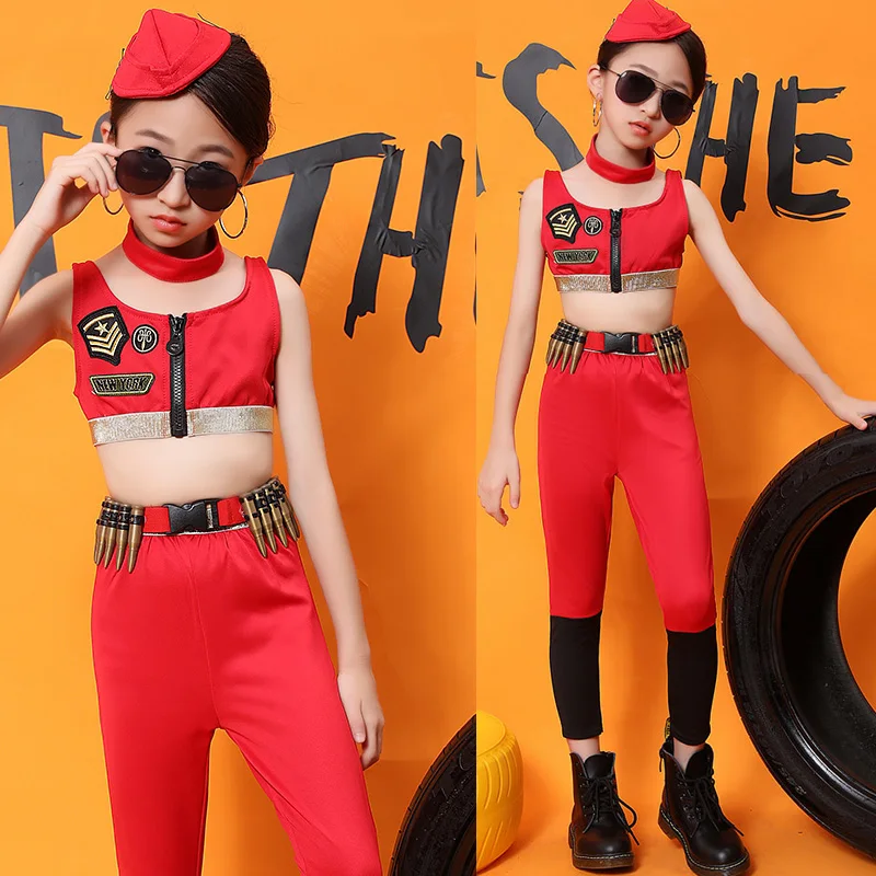 

Jazz Dance Costumes Children Hip Hop Clothing Street Dancing Outfit Girls Stage Performance Wear Red Army Costume Vest DNV12098