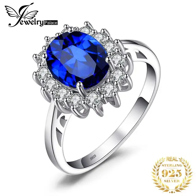 JewelryPalace Created Blue Sapphire Ring Princess Crown Halo Engagement Wedding Rings 925 Sterling Silver Rings For Women 2021 1