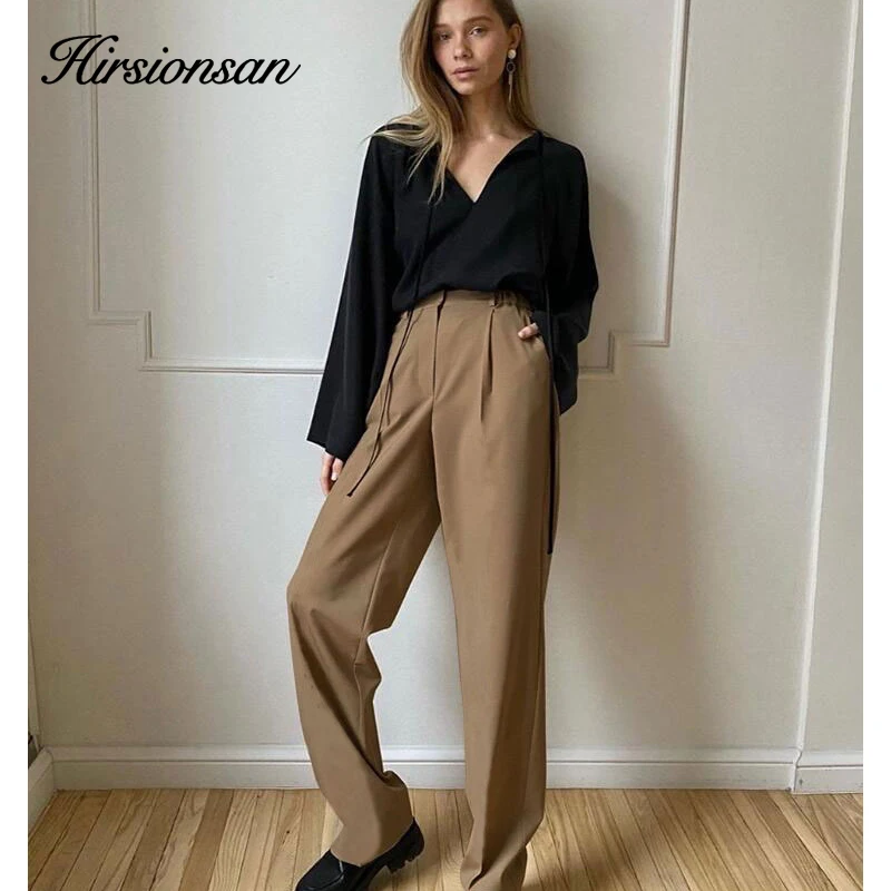 

Брюки Hirsionsan женские прямые с завышенной талией, свободные офисные штаны с широкими штанинами, винтажные на молнии, 2023