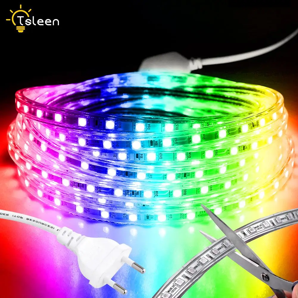 #Best 5M 10M 15M 20M 25M RGB LED Strip 220V AC Flexible Waterproof 60LEDs M 5050 SMD Indoor Outdoor lights Christmas Deccoration lamp