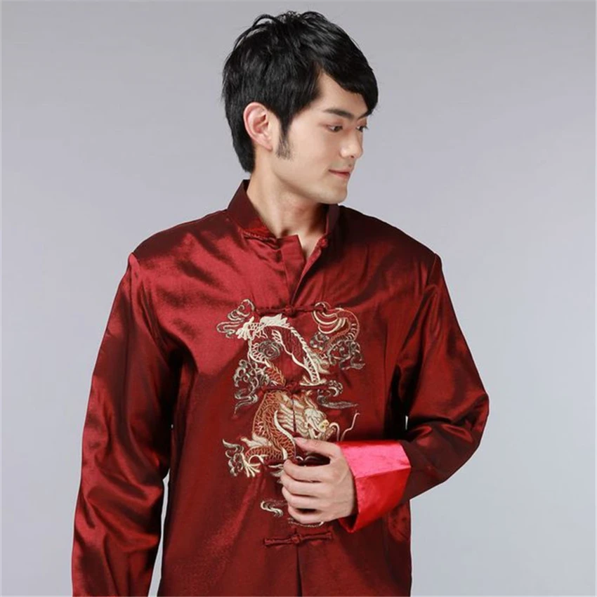 Традиционная китайская одежда костюм Тан Мужской Топ с длинным рукавом Дракон год Кунг Фу наряд Китай Мода Стиль Одежда Топ