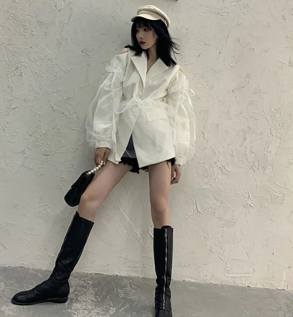 WHITNEY WANG Осенняя мода уличная дизайнерская стильная Съемная Сетка лоскутный Блейзер Женское пальто шикарные блейзеры