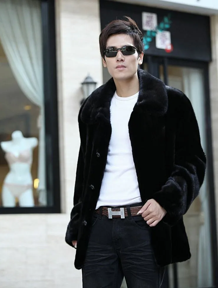Черное Мужское пальто размера плюс из искусственного меха норки, верхняя одежда с длинным рукавом средней длины, Готическая зимняя меховая куртка, пальто XXXL X665