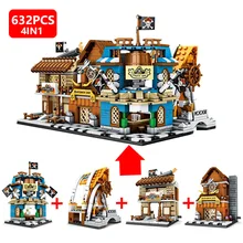 632pcs 4IN1 Caribbean Town of the Pirates Street View Building Blocks Model Bricks Toys for Children