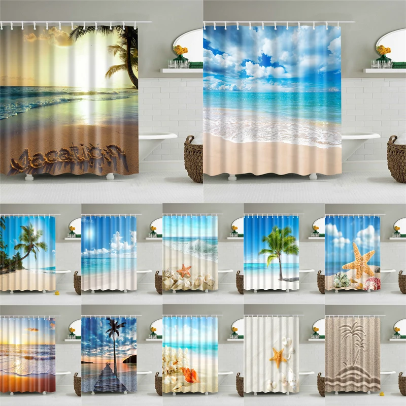 

Sea Beach Shower Curtains Shell Printed Bath Screen Waterproof Products Decoration Bathroom Polyester Decor With Hooks