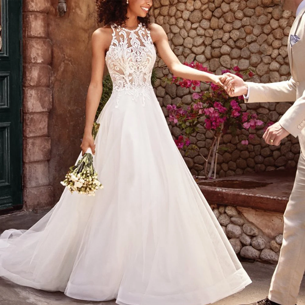Fadzeco Lace Sexy Sleeveless Flohanging neck See Through Neck Appliqued Lace Wedding Dresses2019 Bridal Gown Dress White Ivory