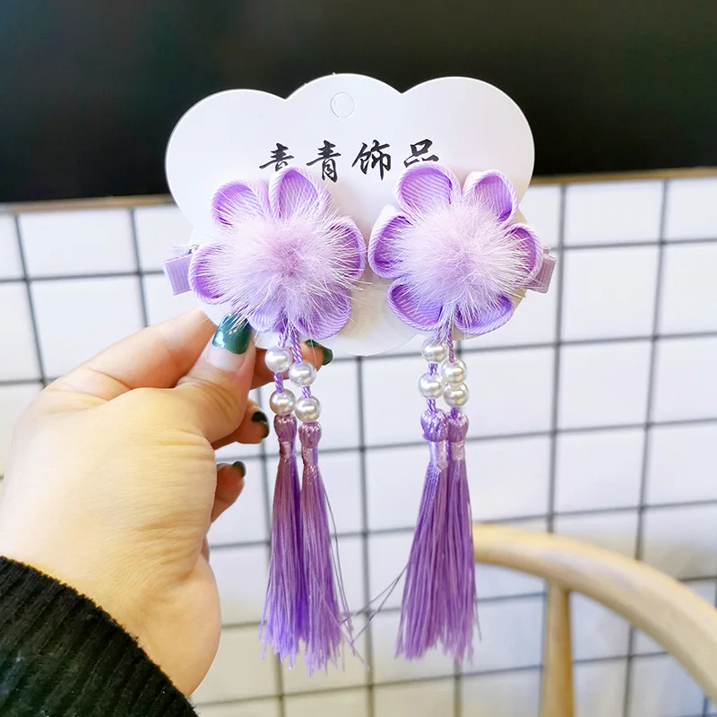 1 пара китайский стиль Hanfu аксессуары головной убор сладкая девочка принцесса красивый красочный Hairball цветок Длинная кисточка клипса утконоса