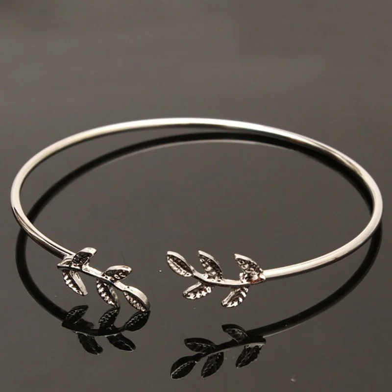 Простой Модный женский браслет винтажный сладкий оливковый ветка с листьями проволочный браслет Регулируемая открытая манжета браслет - Окраска металла: Родиевое покрытие