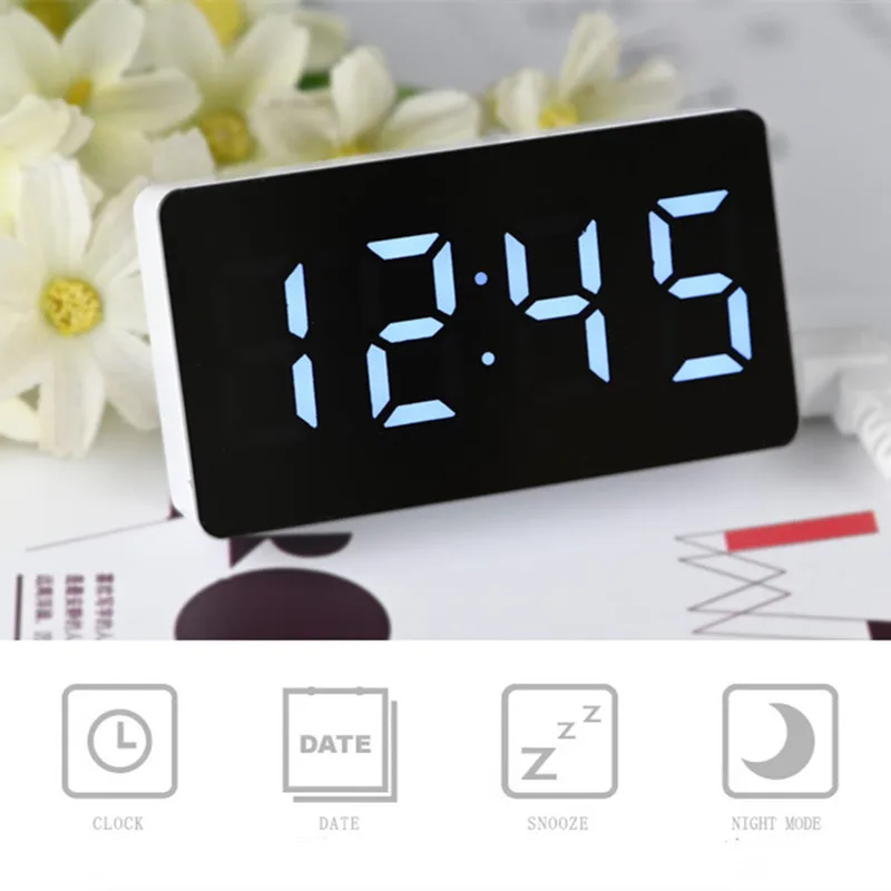 Led Mirror Digital Mini Alarm Clock Snooze Table Clock Wake Up Mute