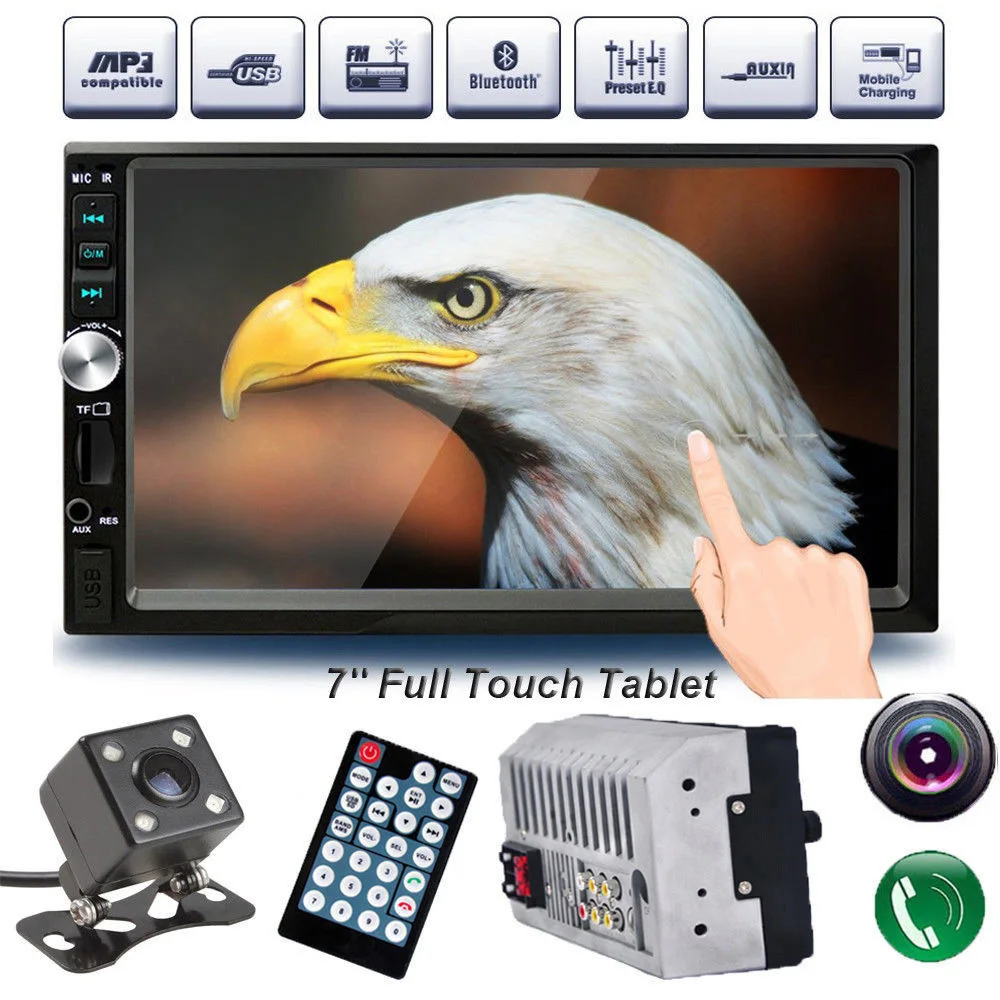 

7" 2 Din Touch Screen Bluetooth Handsfree Car MP3 MP5 Player FM USB TF AUX+Rearview Camera Tail Lines Remote Control