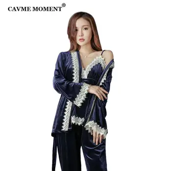 

CAVME Women Lace Velour Pajama Sets Winter Ladies Sleepwear Sexy Pajama Solid Color 3 Pieces PLUS SIZE