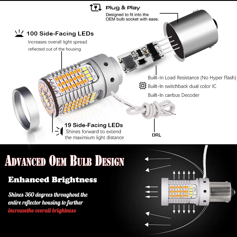 Без Hyper Flash BAU15S LED Canbus 7507 PY21W переключаемые белые/Янтарные светодиодные лампы для