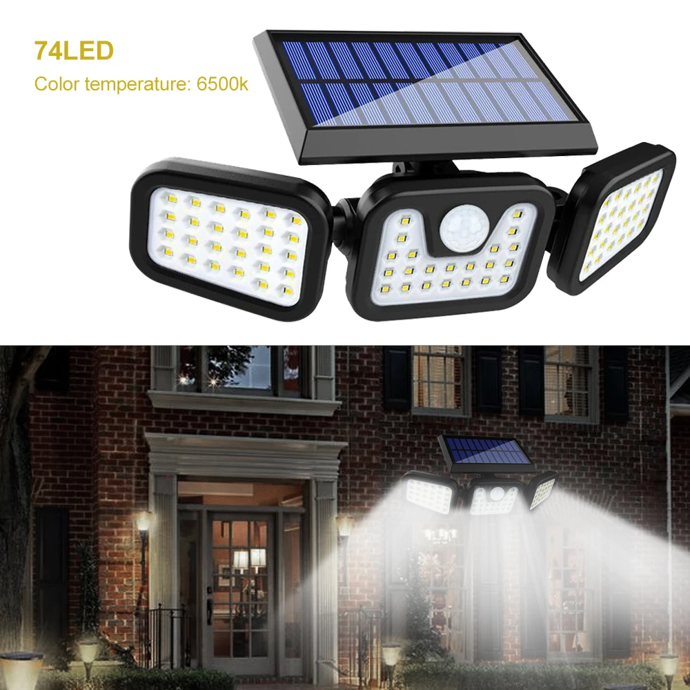 Solar LED Light 2PCS 74LED 3Head Motion Sensor Remote Control Lamp Outdoor IP65 Waterproof 270 Wide Angle Illumination Wall Lamp