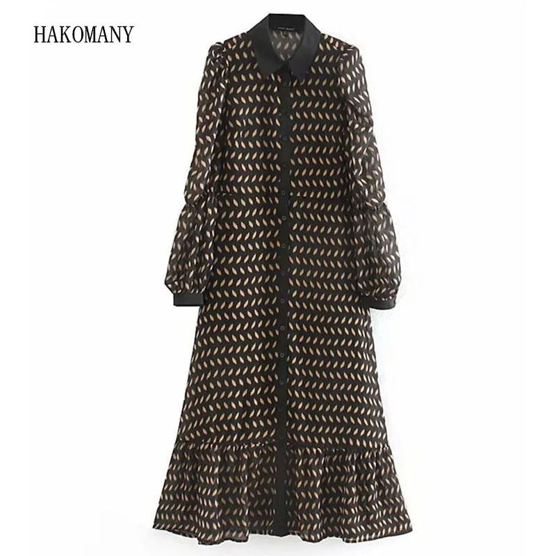 Woman Spliced Hem Single-breasted Buttons Long sleeve Maxi Long Shirt Dresses Autumn Black Gold Dot print Shirt Dress Chiffon