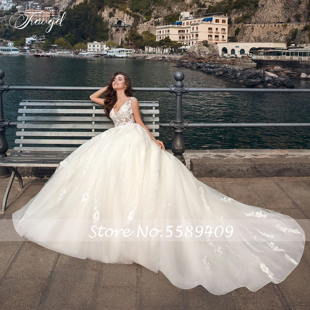 Traugel Sexy V Neck Ball Gown Lace Wedding Dress Elegant Sleeveless Backless Bead Bridal Dress Long Train Wedding Gown Plus Size Traugel Sexy V Neck Ball Gown Lace Wedding Dress Elegant Sleeveless Backless Bead Bridal Dress Long Train Wedding Gown Plus Size