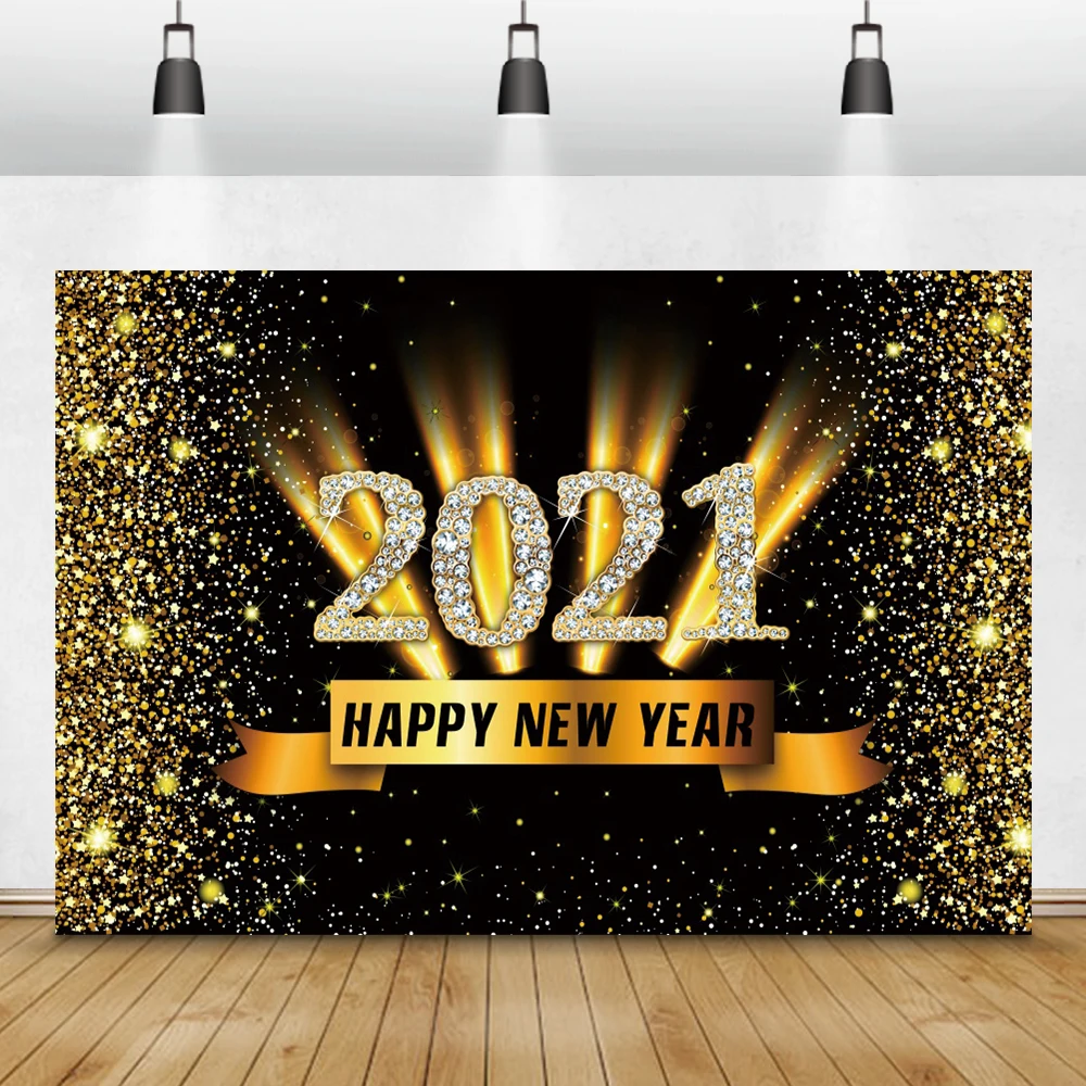 Laeacco Happy New Year 2021 Photography Background 10x6.5ft Golden Champagne Backdrop Holiday Light Bokeh Haloes Shining Ball Carnival Party Celebrate Dancing Party Holiday Xmas Photo Prop Poster