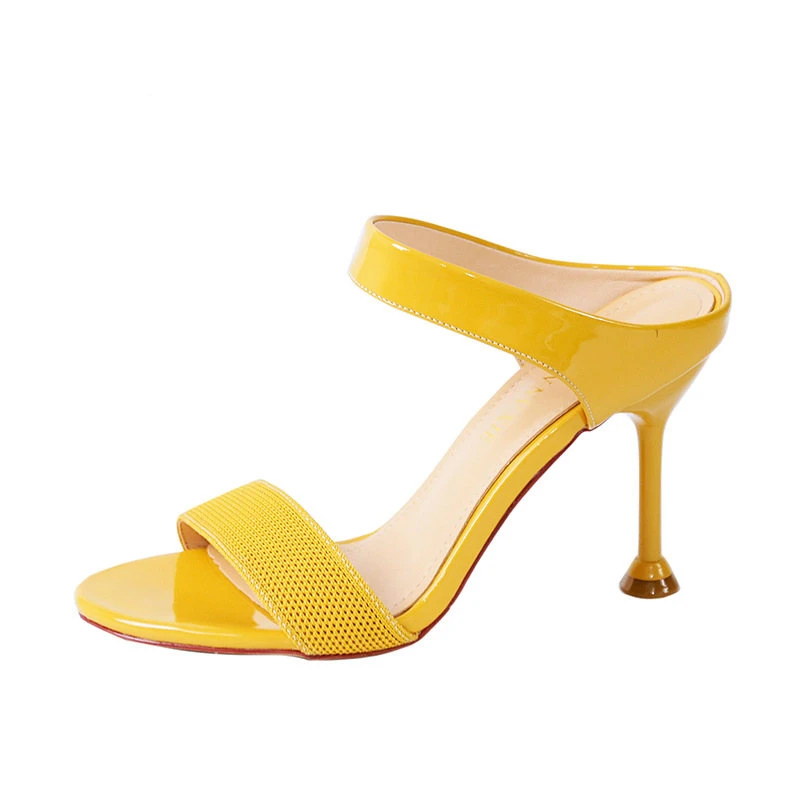 

Ladies Sandal Heels 7cm Women Leather Shoes Summer Slippers Stilettos Mujer Wedding Heels Fashion Womens Yellow Sandals Elegant