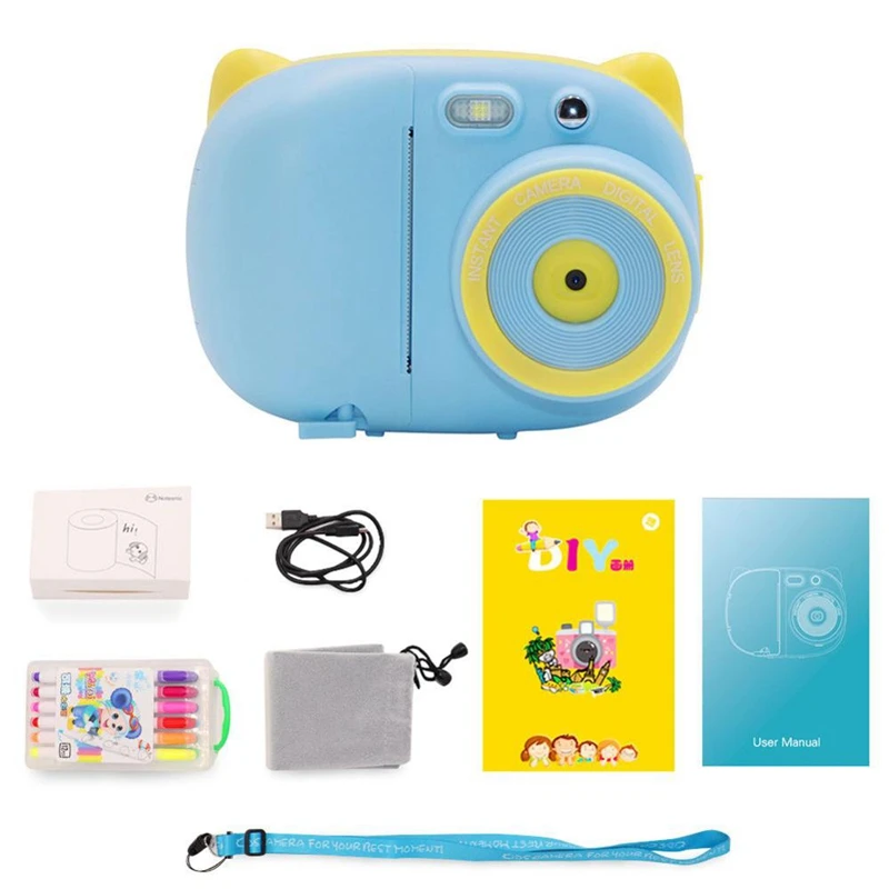 Cute Cartoon Children Camera Instant Photo Print Camera Digital Small SLR Camera 3 Roll Camera Paper Bule+32GTF Card