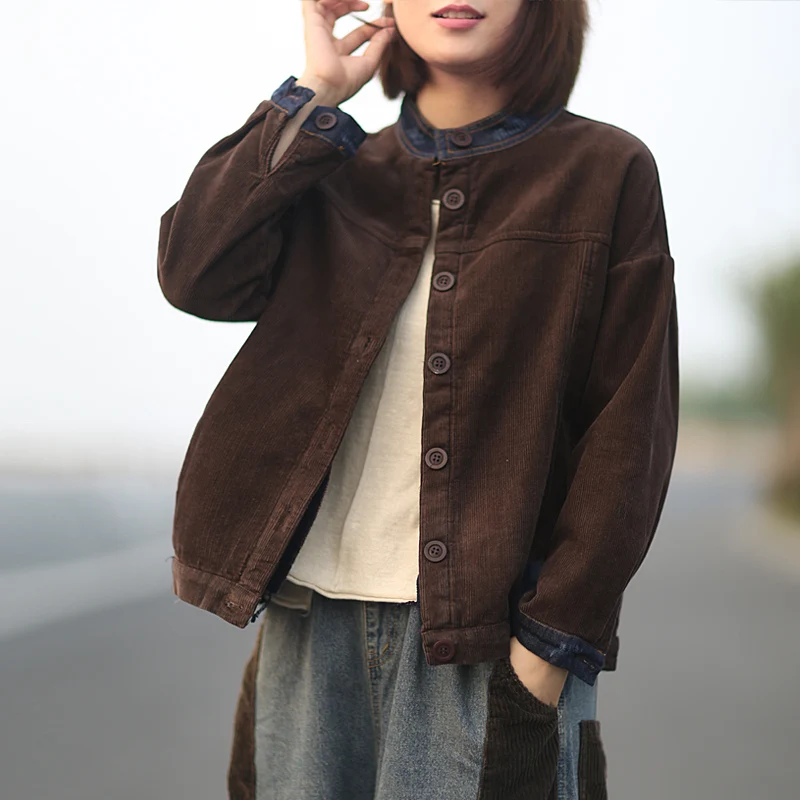 low cost Corduroy Jackets For Women Thick Coats 2019 Autumn New Patchwork Denim Vintage Warm Button Women Lo