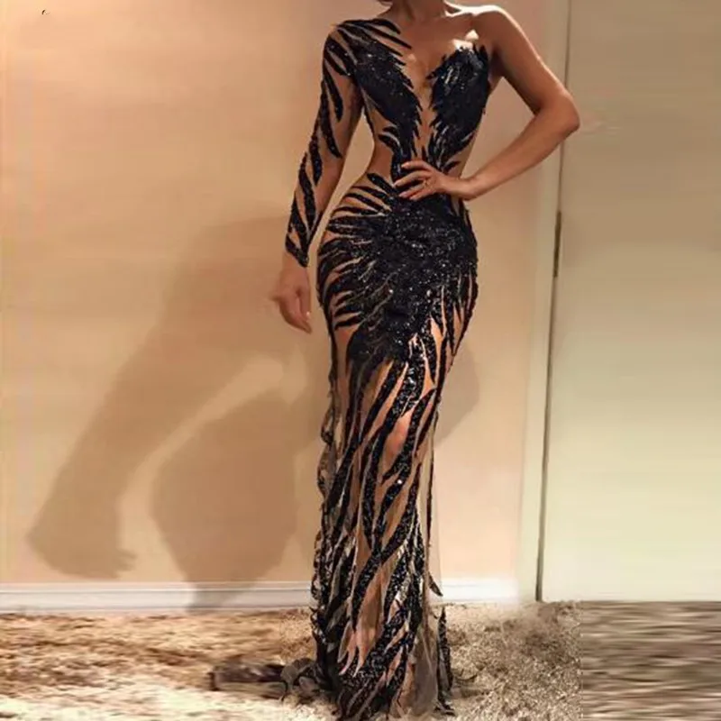 2020 Couture Black Een Schouder Prom Jassen Sequin Sheer Abiye Avondjurk Sexy Volledige Mouw Robe De Soiree Formele Jurk mouw