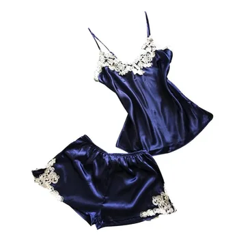 

Ladies Sexy Silk Satin Pajama Set Lace Pyjama Set Sleeveless Pijama Set V-neck Sleepwear Summer Women Night Sleepwear NS