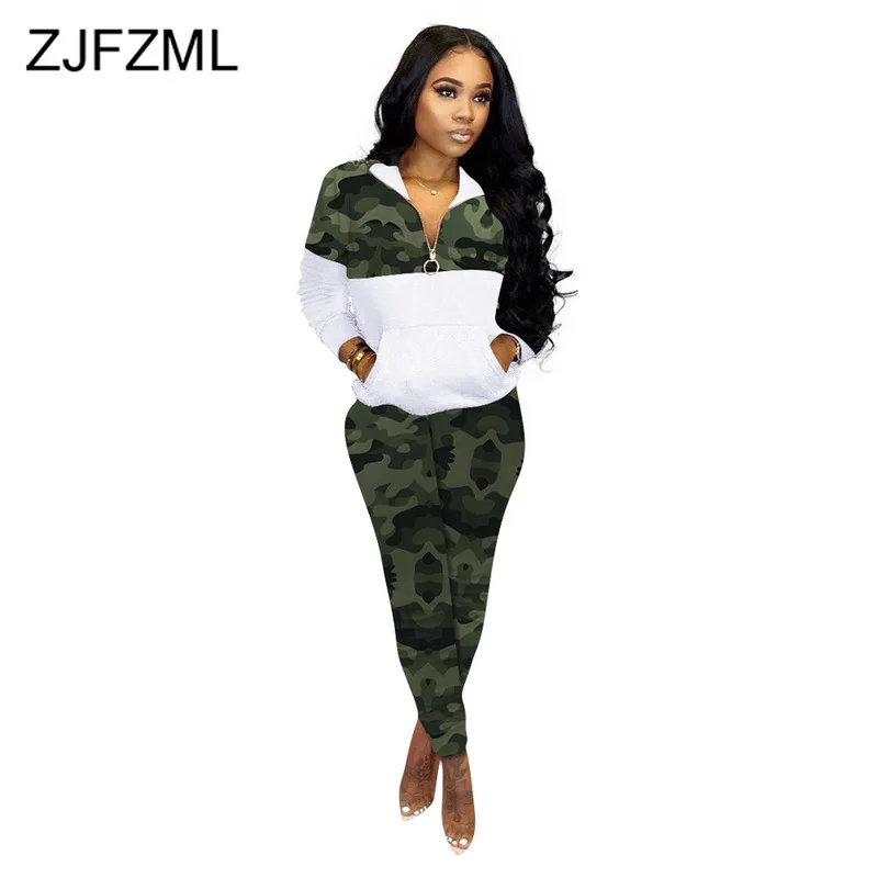 

Camouflage Panelled Fitness 2 Piece Set Women Clothes Long Sleeve Zipper Front Pockets Hoodie + Straight Pants Fleece Tracksuits