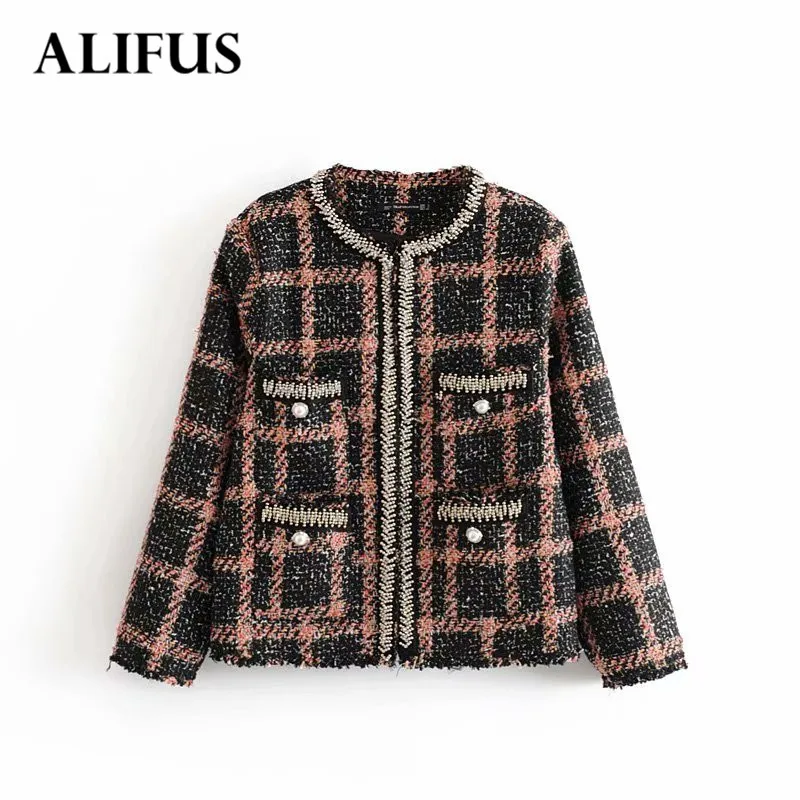 

Fashion Za Autumn Tweed Jacket O-neck Tweed Coat Buttons Slim Elegant Long Sleeve O-neck Outwear Women Jackets Casaco Feminine