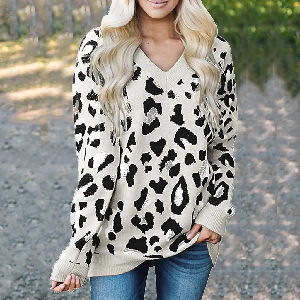 Jaycosin Fashion Casual Lady Leopard Sweater Chic Stylish Comfortable Soft Elegant Loose V-Neck Fit Tops Blouse sweater