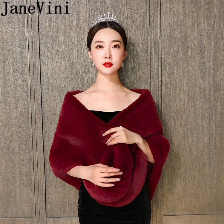 JaneVini Burgundy Winter Faux Fur Wrap Women Bruids Cape Wedding Evening Shawl Shrugs Bridal Bolero Stole Prom Jacket Outerwear